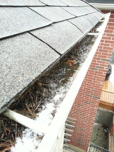 Clogged gutter packed with leaves and debris