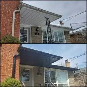 New aluminum soffit, fascia and gutters with downspouts in Oakville. Before and After - Maxima Aluminum LTD