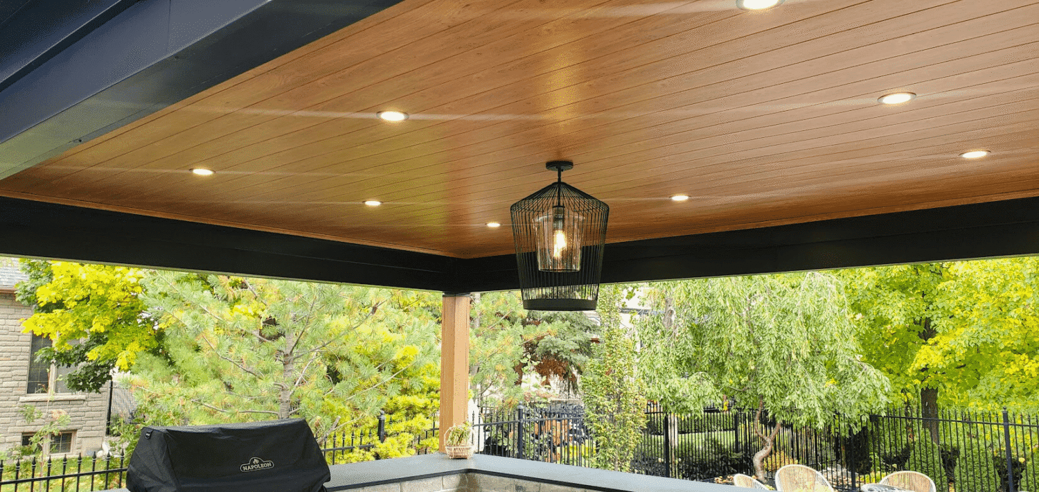 Kleinburg project: Sagiper soffit ceiling with pot lights and black aluminum cladding
