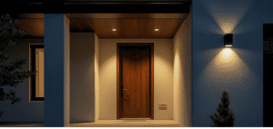 Warm 3000K soffit pot lights aligned across porch ceiling