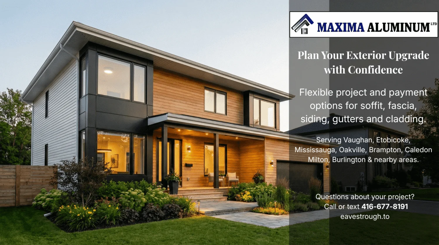 Plan your exterior upgrade with confidence – Maxima Aluminum LTD offers flexible project and payment options for soffit, fascia, siding and gutters.