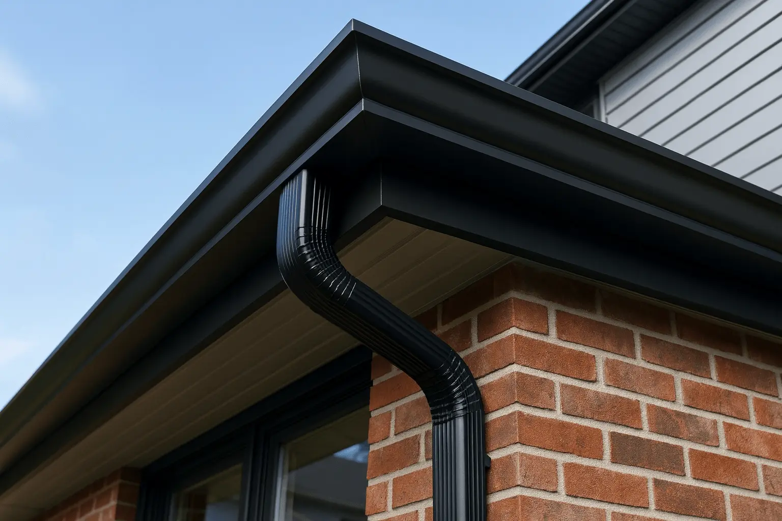 Seamless eavestrough installation on a modern home — neat corners, correct slope