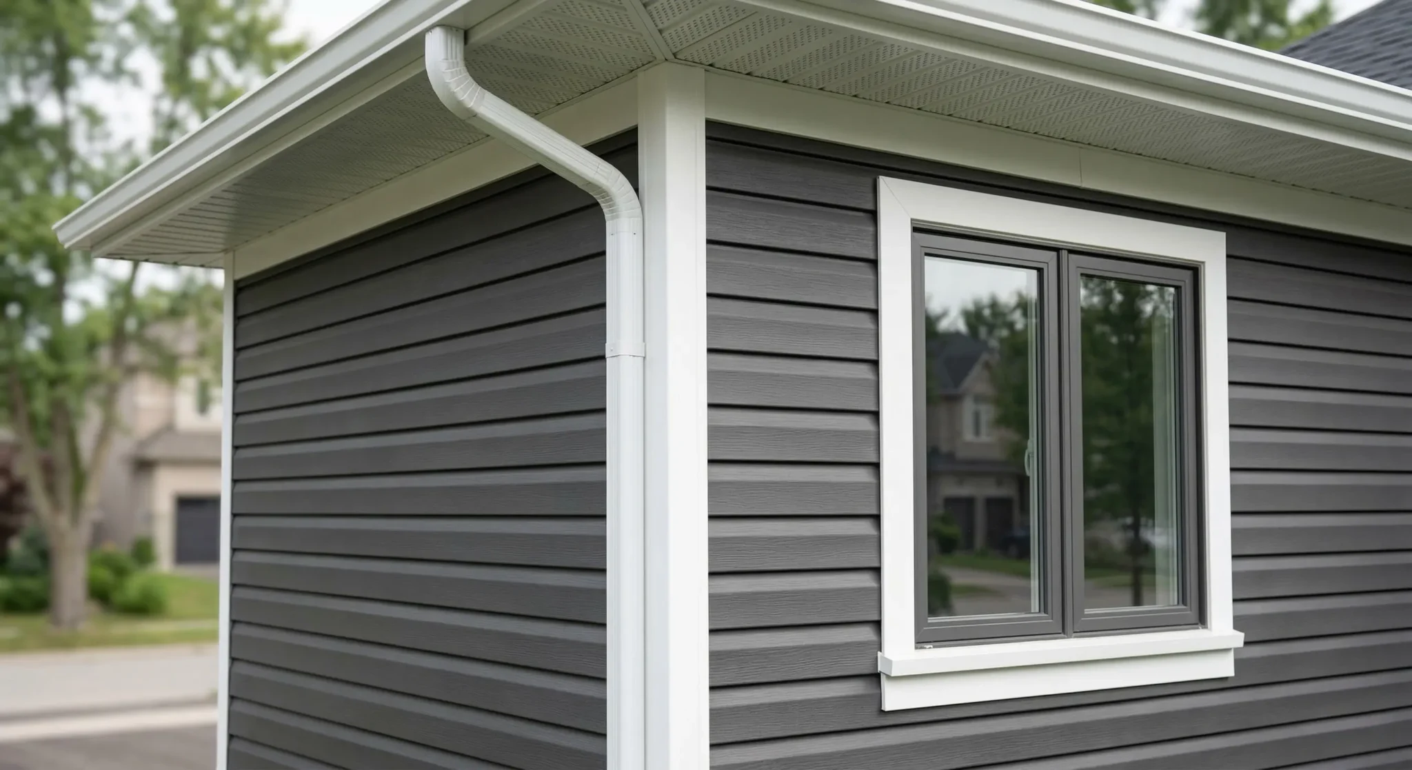 Close-up of Dutch lap vinyl siding with clean trim detail on a GTA home exterior