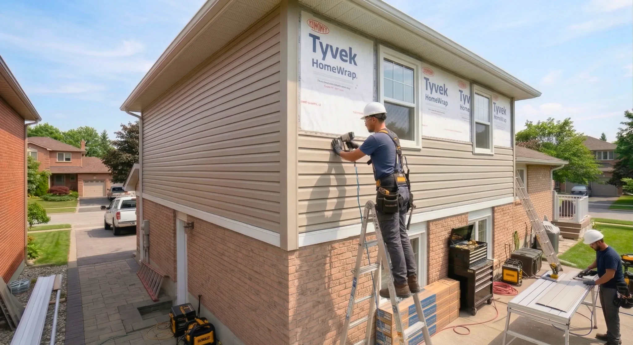 Professional vinyl siding installation process with proper house wrap, trim, and exterior finishing details
