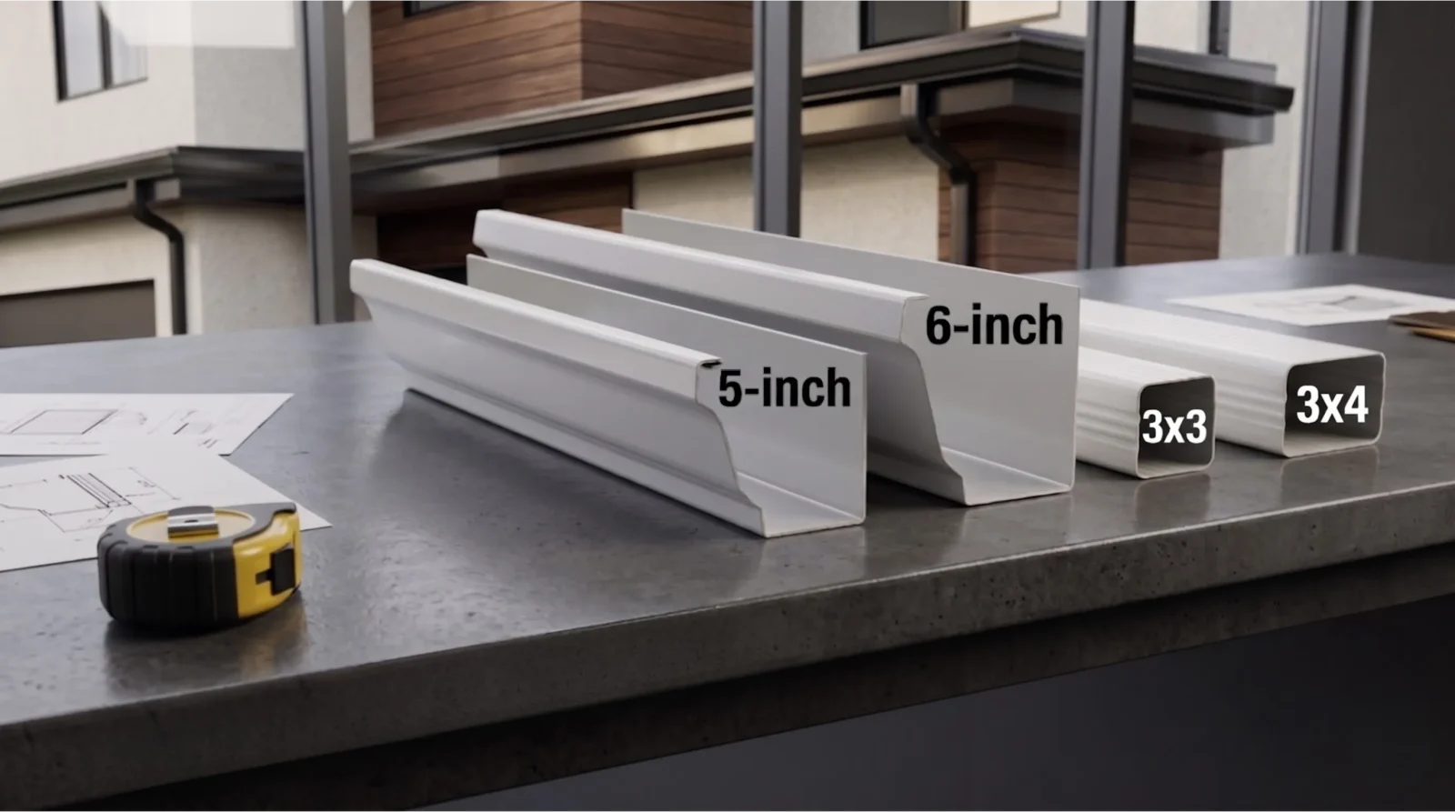 5 inch vs 6 inch eavestrough comparison on a GTA home with 3x3 and 3x4 aluminum downspout options