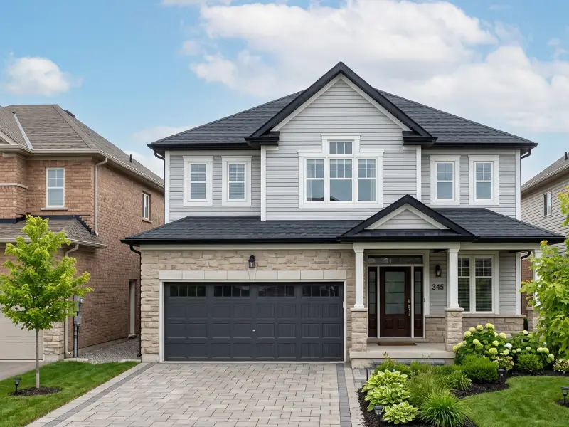 Recently built 2010s detached home in Brampton with light grey vinyl horizontal lap siding installation, dark aluminum eavestrough and downspouts, matching soffit and fascia along the gable roof. Serving Heart Lake, Mount Pleasant, Springdale, Bramalea, Southfields, and Fletcher's Meadow subdivisions in Peel Region.