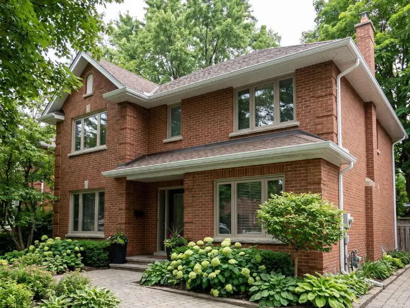 Burlington executive home featuring engineered fibre-cement Hardie-style horizontal lap siding installation with coordinated black aluminum eavestrough, soffit, and fascia along the gable rooflines. Serving Aldershot, Tyandaga, Roseland, Brant Hills, Headon Forest, and Millcroft beneath the Niagara Escarpment.