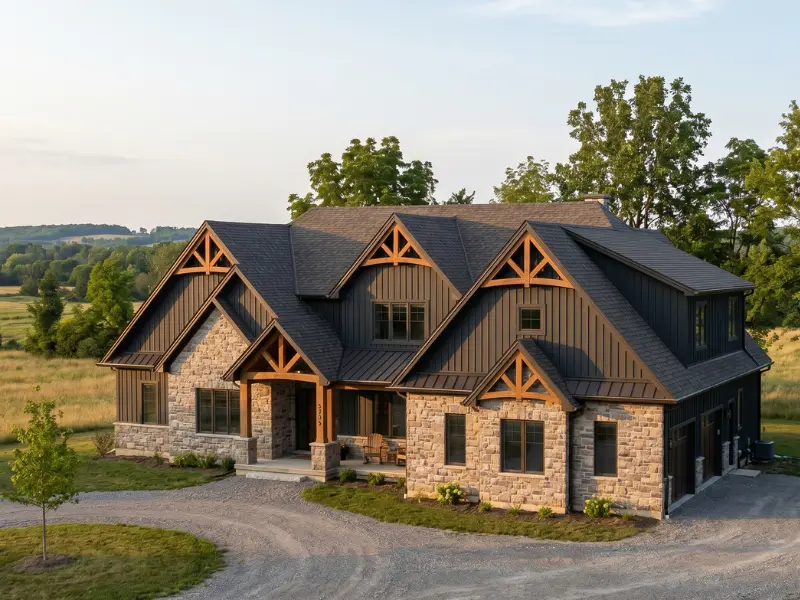 Rural Caledon country estate exterior featuring natural fieldstone facade, dark vertical board-and-batten siding installation, and dark bronze aluminum eavestrough, soffit, and fascia along complex gabled rooflines. Serving Bolton, Mono Mills, Palgrave, Alton, Cheltenham, and Inglewood across the Caledon countryside.