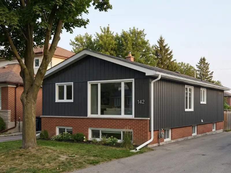 Etobicoke mid-century bungalow modernized with dark metal vertical siding installation, seamless aluminum eavestrough replacement, and matching soffit and fascia by Maxima Aluminum. Serving Mimico, Long Branch, Alderwood, The Kingsway, Islington, and Humber Bay lakefront properties.