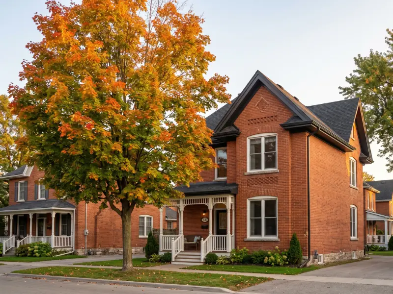 Heritage red brick home in Georgetown with refreshed aluminum soffit, fascia, and seamless eavestrough installation along the original Victorian-era roofline. Serving Georgetown South, Park, Delrex, Glen Williams, and downtown Georgetown across Halton Hills — heritage and new subdivision stock.