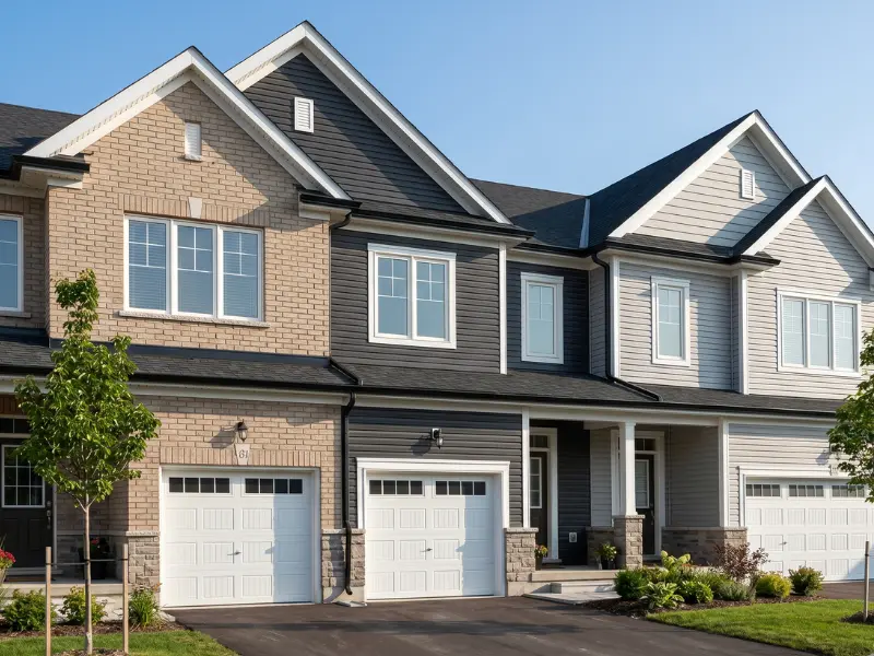 Modern townhome row in Milton with mixed brick and vinyl siding facades, unified by continuous 6-inch oversize black aluminum K-style eavestrough installation along all rooflines, matching soffit and fascia. Serving Beaty, Scott, Willmott, Harrison, Ford, Dempsey, and Bronte Meadows new-build neighbourhoods.