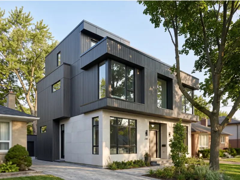 Contemporary modern infill home in North York featuring mixed-material aluminum cladding installation, full eavestrough and downspout system, with matching soffit and fascia replacement. Serving Willowdale, Bayview Village, Don Mills, Lawrence Manor, Newtonbrook, Pleasant View, and Banbury established neighbourhoods.