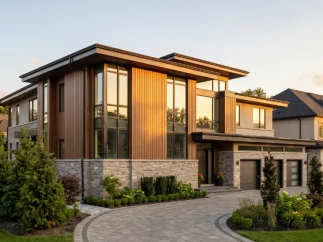 Vaughan luxury home featuring Longboard wood-grain aluminum vertical cladding installation by Maxima Aluminum, with integrated dark bronze eavestrough, soffit, and fascia. Serving Woodbridge, Maple, Kleinburg, Concord, Patterson, Vellore Village, and Upper Thornhill Estates executive neighbourhoods.