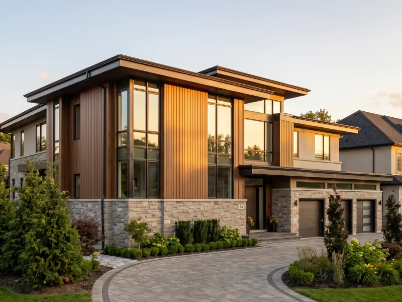 Vaughan luxury home featuring Longboard wood-grain aluminum vertical cladding installation by Maxima Aluminum, with integrated dark bronze eavestrough, soffit, and fascia. Serving Woodbridge, Maple, Kleinburg, Concord, Patterson, Vellore Village, and Upper Thornhill Estates executive neighbourhoods.