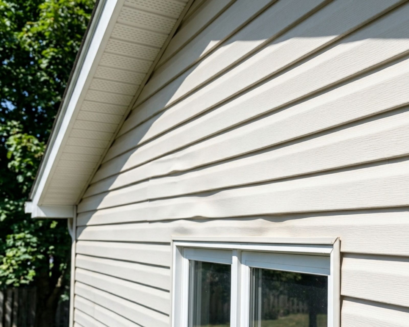 Warped vinyl siding in summer on a GTA home showing wavy panels, heat distortion and exterior trim near soffit and fascia