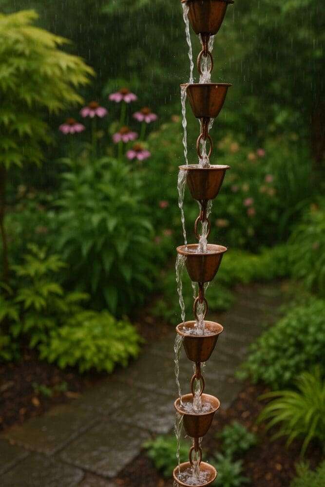 Copper cup-style rain chain guiding water to a basin