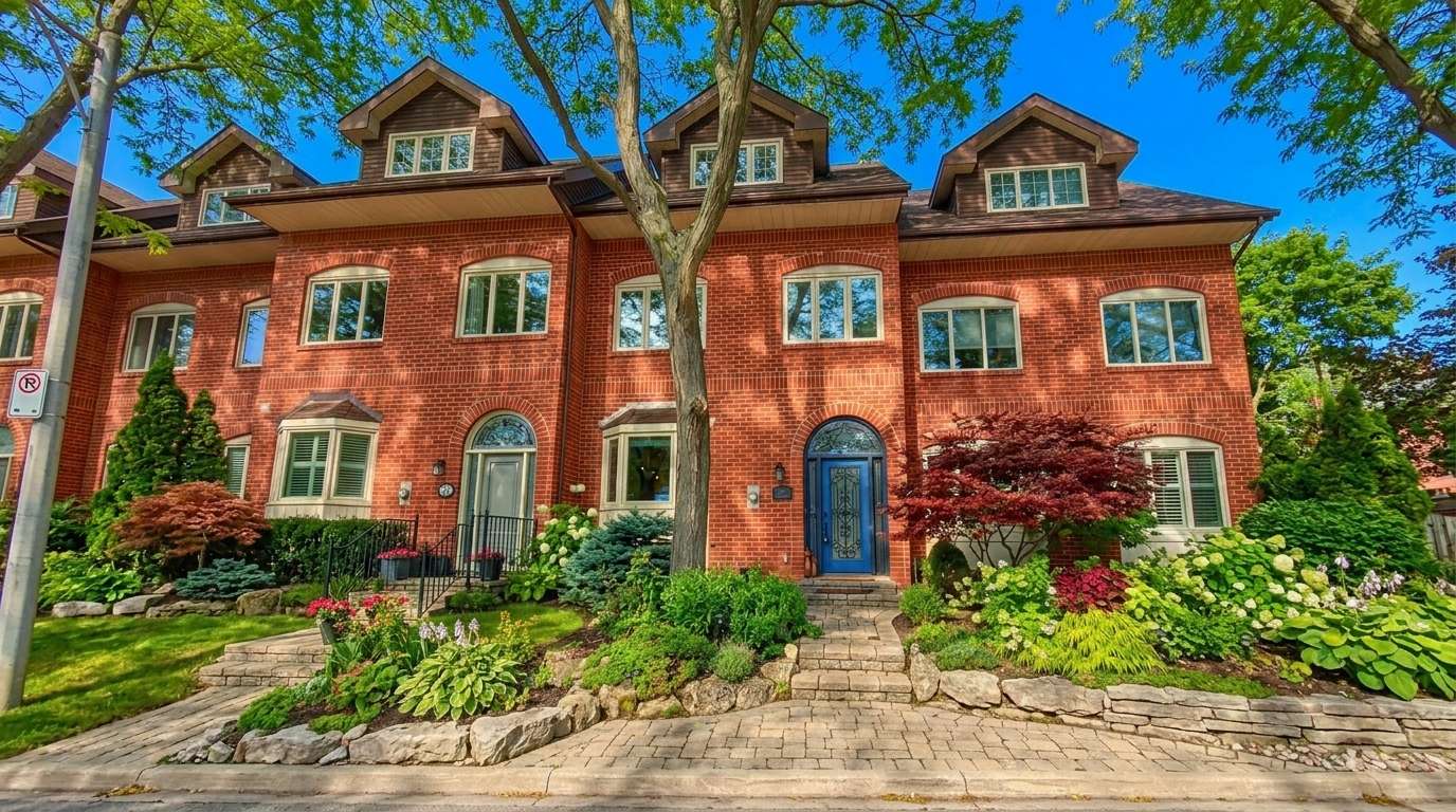 Townhomes in Old Oakville with connected rooflines and exterior aluminum work
